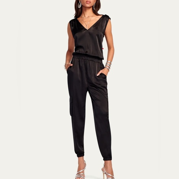 Ramy BrookSmocked Waist Black Satin Jogger Jumpsuit Size Medium NWT SOLD OUT - Picture 1 of 5